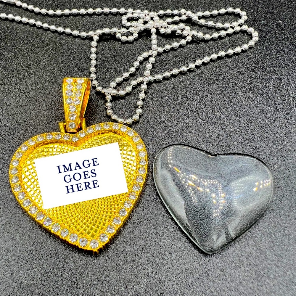 Large yellow gold stainless steel hearts memory pendant with the ball chain